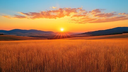 Obraz premium Golden wheat field under a vibrant sunset sky with distant hills.