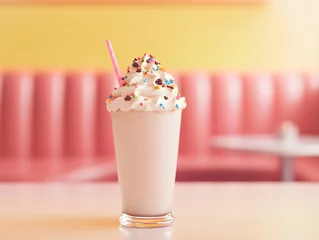 Fototapete Rund Indulge in creamy milkshake topped with whipped cream and colorful sprinkles, perfect for sweet treat. This delightful drink is served in glass with straw © Moon Story