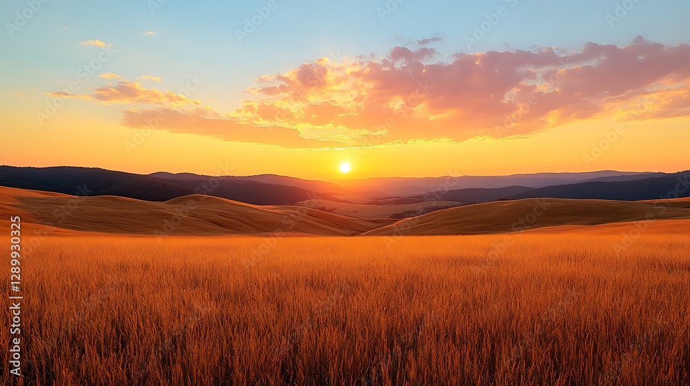 Poster vibrant sunset over golden wheat fields with rolling hills in the background.