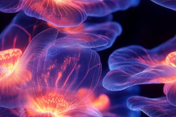 Obraz premium Abstract organic shapes with luminous orange and blue light on dark background, creating a mystical atmosphere.