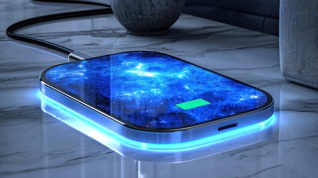 Futuristic smartphone charging wirelessly with cosmic display and blue glow