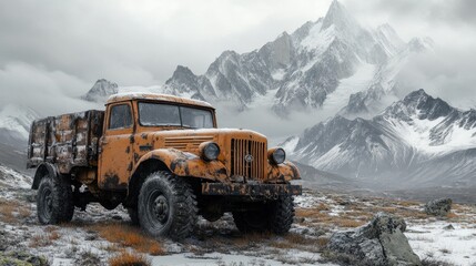 Truck parked in an open field with scenic mountains in the background under a clear blue sky