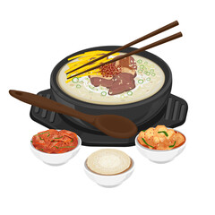 Vector Illustration Logo Clipart Korean Food Gomtang or Beef Bone Soup with Rice and Kimchi