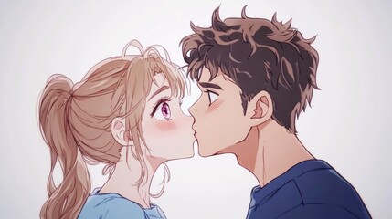 Fototapeta premium Anime-style couple kissing, girl with light brown hair and pink eyes, boy with messy dark hair
