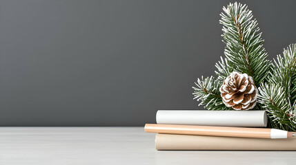 Winter Holiday Still Life: Books, Pine Branch and Cone on a Grey Desk