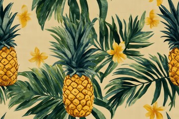 Fototapeta premium Tropical vibes with exotic fruit, leaves, and yellow blossoms.- Seamless Pattern - Seamless Pattern