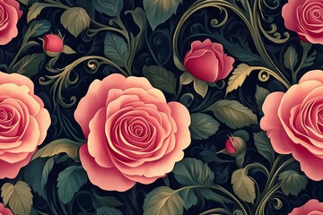 An elegant floral tapestry, with roses and lush foliage.- Seamless Pattern - Seamless Pattern