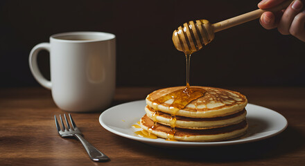 A stack of golden pancakes on a plate with honey being drizzled over them, accompanied by a cup of coffee and a fork on a wooden table.
