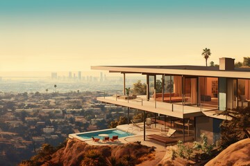 Fototapeta premium Stahl House, mid-century modernist, artistic illustration view, muted colors