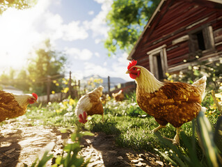 realistic shot of flock of free range chickens foraging in sunny farmyard. vibrant scene captures essence of rural life with rustic barn in background