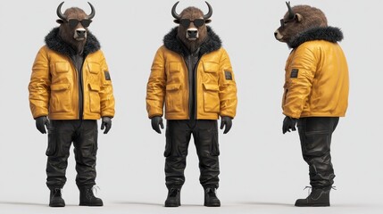 A stylized character wearing a yellow puffer jacket and black pants, topped with a bull's head mask, showcasing a unique fusion of fashion and animal imagery.