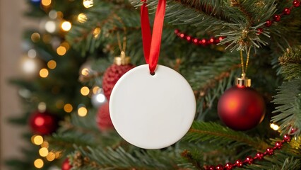 Flat round shape white ceramic ornament with red ribbon mockup closeup hanging on a Christmas tree decorated with red theme ornaments with gold bokeh lights background