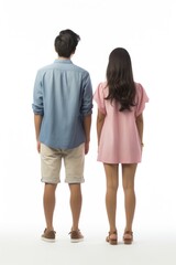Fototapeta premium A young Asian man and woman standing with their backs to camera footwear looking sleeve.