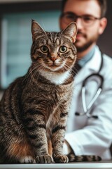 A veterinarian gives a health check to a cat before it goes to its new home, The cat calmly sits on the examination table, Generative AI