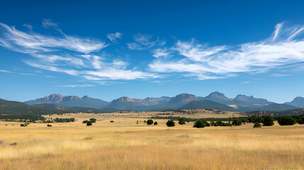 Obraz premium Expansive Summer Landscape: Golden Field and Distant Mountain Range under a Blue Sky