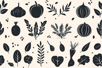 Botanical pattern with dark vegetables and leaves on a light background.- Seamless Pattern - Seamless Pattern