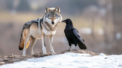 Naklejka premium A wolf and a raven stand together on snow, highlighting a unique bond between these two species in a serene, natural setting.