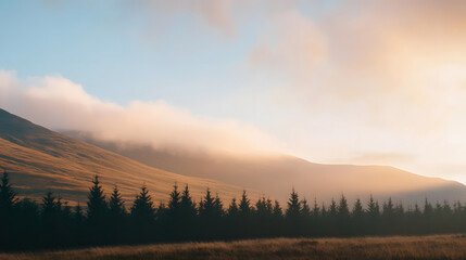 Fototapeta premium scenic mountain landscape during sunrise with golden light illuminating trees and hills, creating serene and tranquil atmosphere