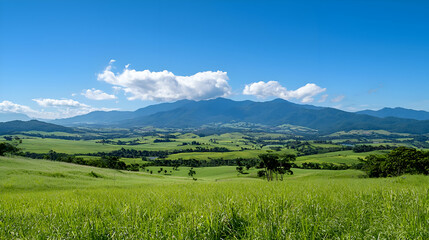 Fototapeta premium Green Valley Landscape with Blue Sky and Rolling Hills