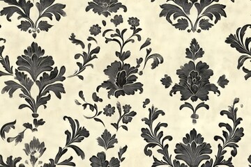 Fototapeta premium Floral pattern with dark gray blooms and foliage on a light beige surface.