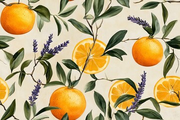 Floral pattern with oranges, leaves and lavender on light background.