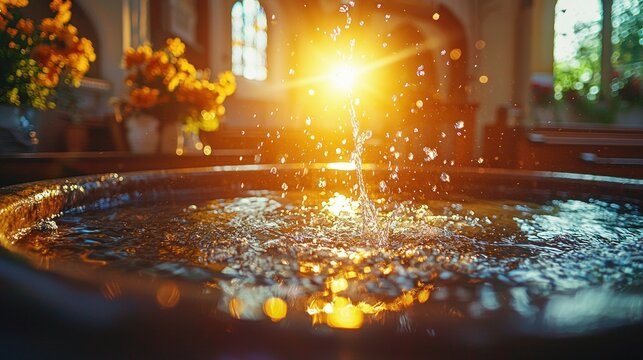 Splashing water in a church baptismal font, sunlight rays