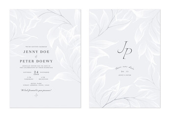 Wedding invitation and save the date template set of delicate, translucent white leaves on a soft grey background. The style is classic, romantic, and understated