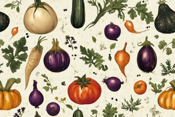 Colorful vegetable arrangement including pumpkins, tomatoes, and eggplants.