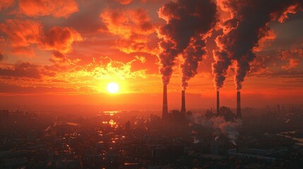 Fototapeta premium Industrial Pollution With Sunset Is Visualized in the Sky