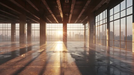 Empty room interior with city view and sunlight