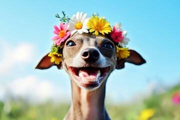 Cute baby dog italian greyhound wearing feral flower circlet on its head. Sunny daylight. Warm season happiness. Happy dog in a flower field. Dog with flowers in fur. Happy pet in summer.