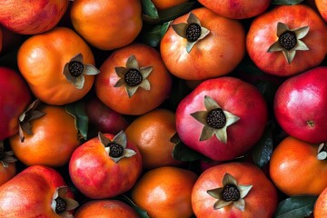 Assortment of colorful pomegranates and orange fruits, natural food display.
