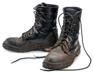 Black leather Combat Shoes isolated on white background With clipping path, Dirty rugged black...