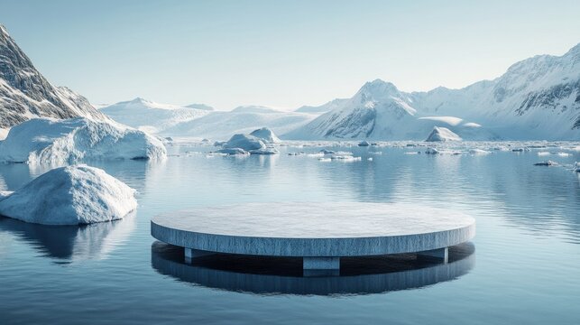 Large body of water surrounded by floating icebergs in a cold remote landscape during daylight