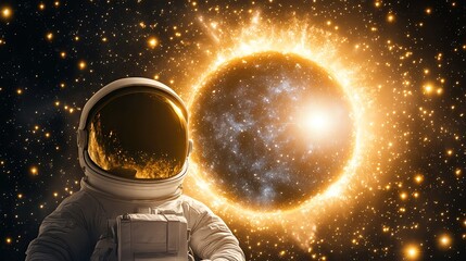 Fototapeta premium An astronaut gazes at a radiant sun in the vastness of space, symbolizing exploration and discovery.