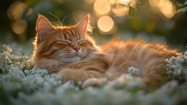 Sleepy ginger cat resting on white flowers in garden sunlight - Powered by Adobe