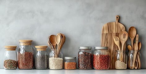 Collection of Various Beans and Pulses in Glass Jars Next to Wooden Utensils on Neutral Background for Kitchen Decor and Cooking Inspiration