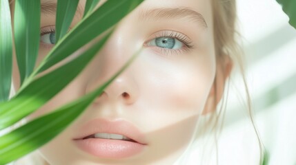 Fototapeta premium Serene Gaze: A beautiful woman with fair skin, piercing blue eyes and blonde hair peeks through vibrant green leaves. The soft lighting casts gentle shadows, enhancing the natural beauty.