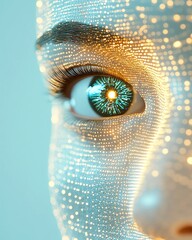 A futuristic close-up of a digital eye showcasing intricate patterns and glowing lights.