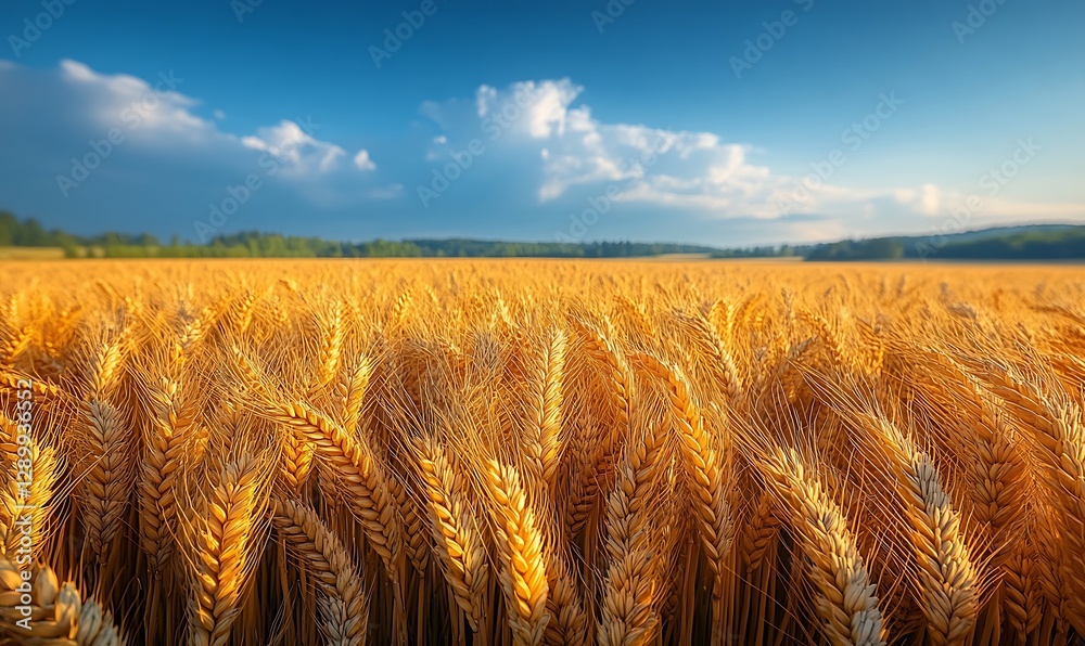 Aufkleber golden wheat field under a blue sky with fluffy clouds in the background.