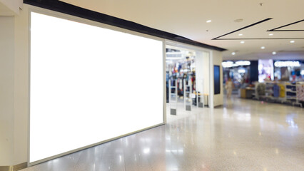 blank billboard in shopping mall with empty advertisement space, modern indoor marketing display...