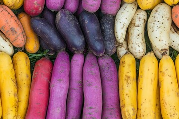Colorful root vegetables including carrots, yams, eggplants and radishes.