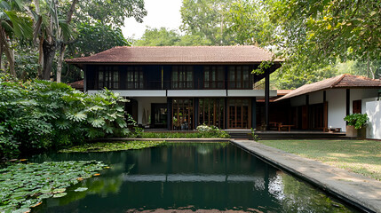 Fototapeta premium Modern Tropical Villa with Swimming Pool and Lush Greenery