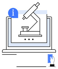 Microscope displayed on a laptop screen with info icon and finger touching digital screen icon. Ideal for e-learning, science, biotechnology, research, innovation, education, abstract line flat