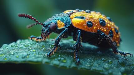 Fototapeta premium Vibrant beetle on dewy leaf in lush forest