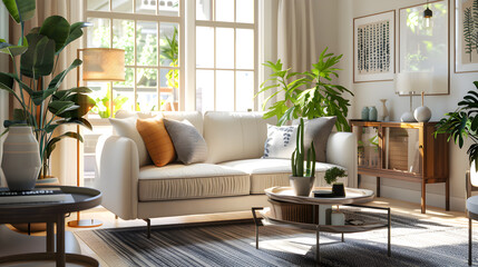 Modern and Cozy Furnished Apartment Living Room with Natural Light and Stylish Decor for Rent