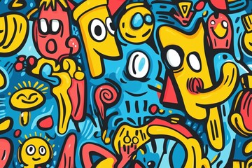 abstract drawing with playful and whimsical faces, shapes and symbols of bright colors