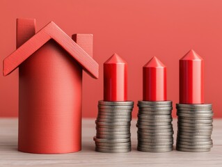 investor opportunity stocks successful concept. Red house model with stacked coins and upward-pointing red pencils, symbolizing financial growth in real estate investment.