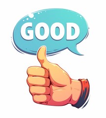 thumbs-up icon with the word "GOOD" and a light blue speech bubble with white text.