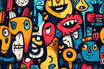 Obraz premium abstract drawing with playful and whimsical faces, shapes and symbols of bright colors